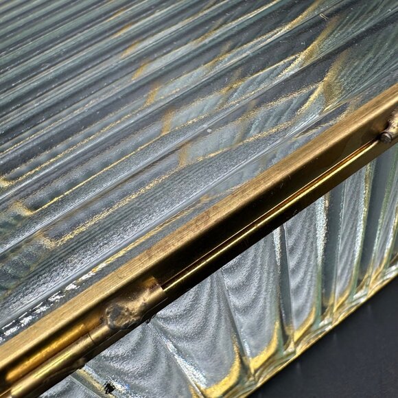 Vintage Jewelry Box Hexagon Ribbed Clear Glass Brass Hinged Top Mirrored Inside - Picture 7 of 11